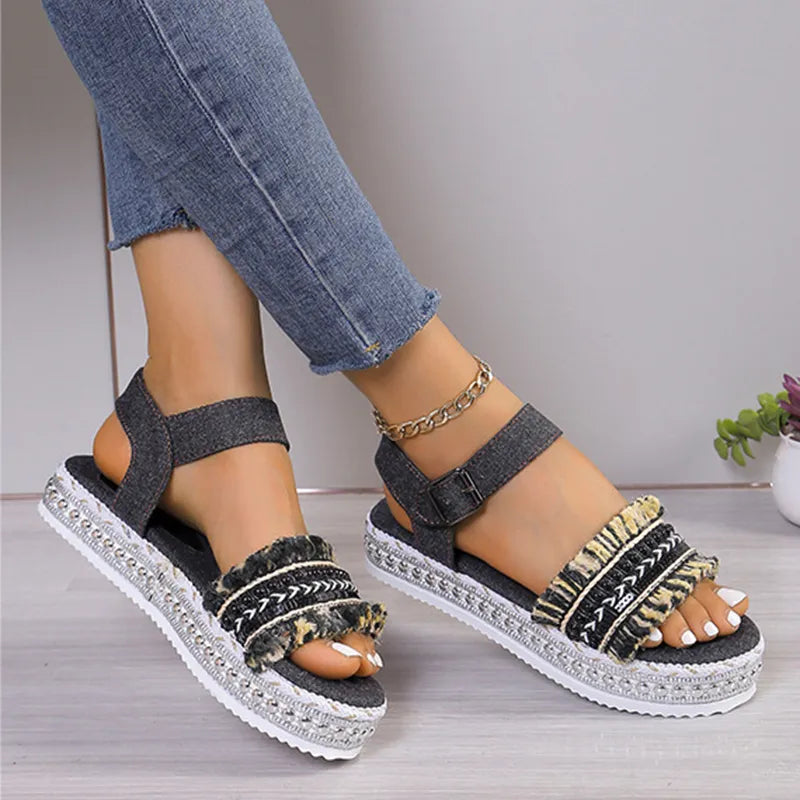 Kiara | Women’s Summer Denim Tassel Sandals