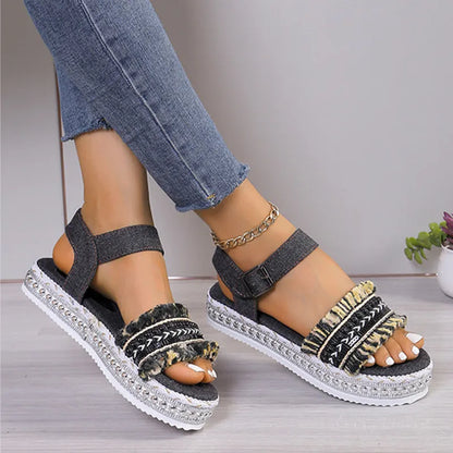 Kiara | Women’s Summer Denim Tassel Sandals