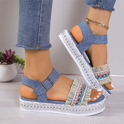 Kiara | Women’s Summer Denim Tassel Sandals