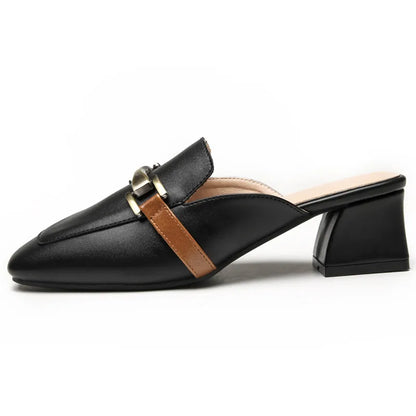 Aveline | Women’s Leather Slippers – Casual Square Toe Thick-Heel Sandals