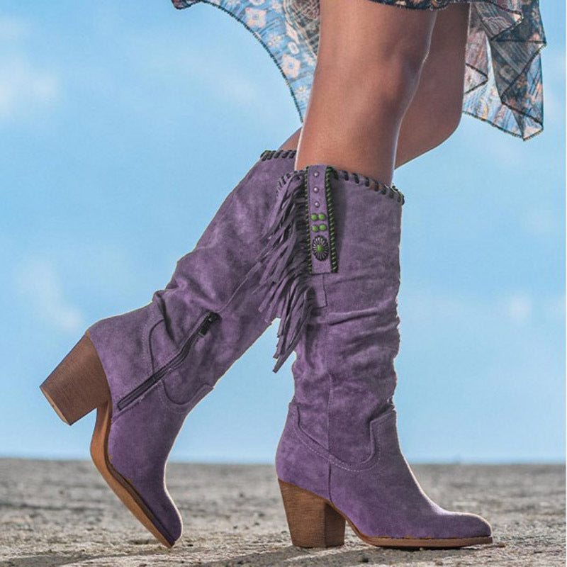 Western Style Knee High Boots – Faux Suede With Block Heel
