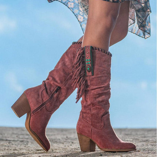 Western Style Knee High Boots – Faux Suede With Block Heel