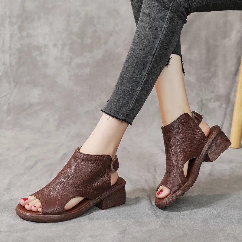 Liora | Women’s Retro Leather Mid-Heel Sandals