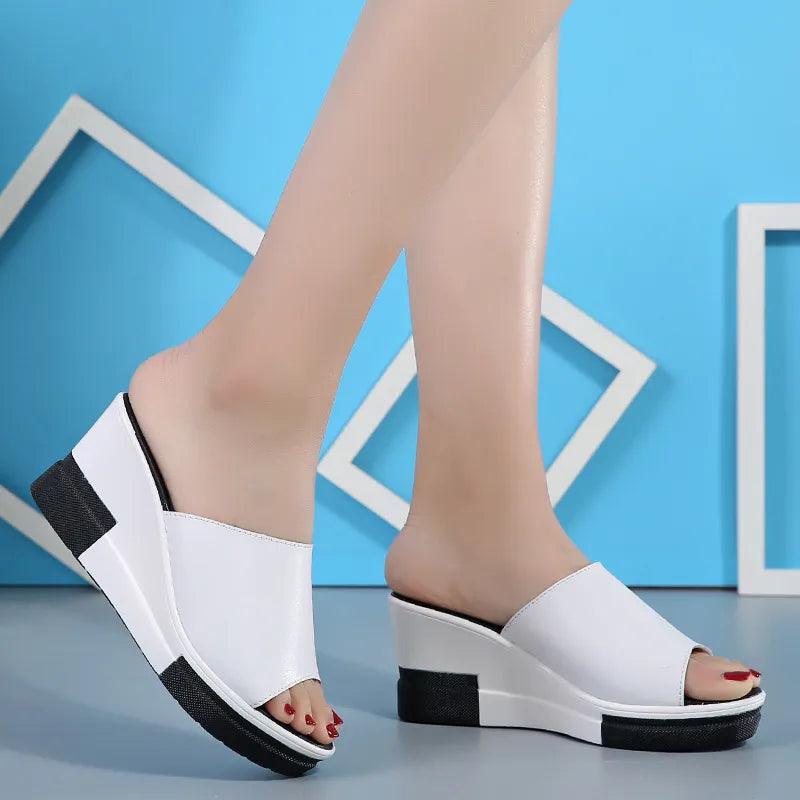 Luna | Women’s Summer Leather Wedge Sandals – Thick Sole Beach Slippers
