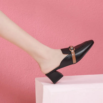 Aveline | Women’s Leather Slippers – Casual Square Toe Thick-Heel Sandals