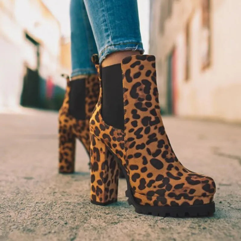 Women’s Leopard Print Ankle Boots – Thick Square High Heel