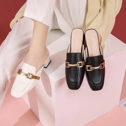 Aveline | Women’s Leather Slippers – Casual Square Toe Thick-Heel Sandals