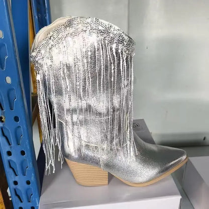 Claire | Women’s Fringe Metallic High Heel Boots