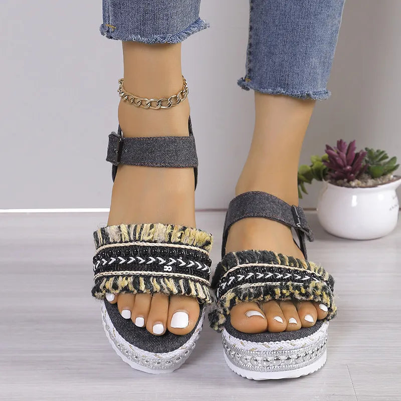 Kiara | Women’s Summer Denim Tassel Sandals