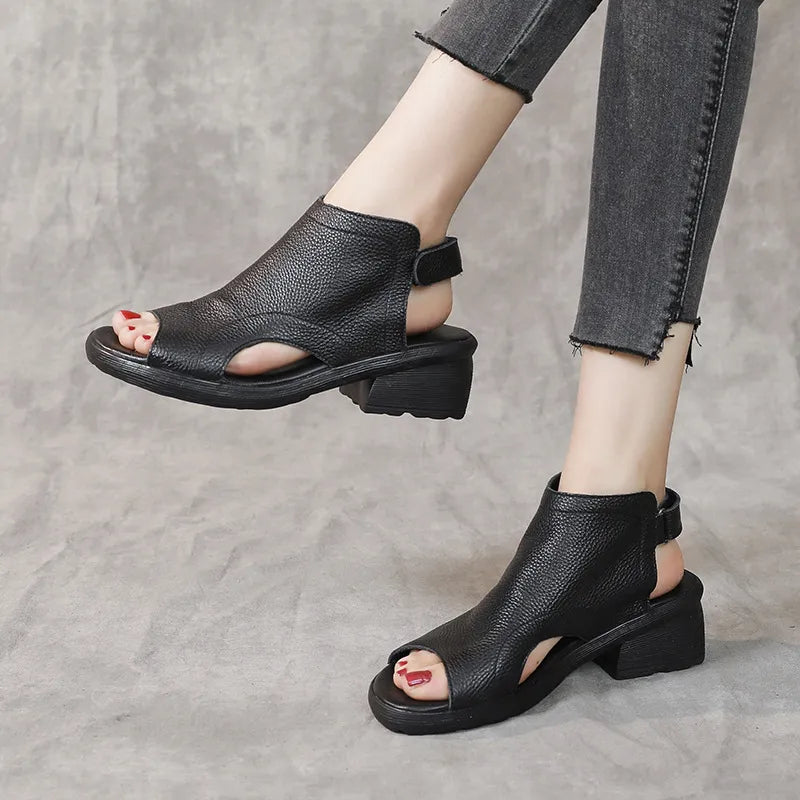 Liora | Women’s Retro Leather Mid-Heel Sandals
