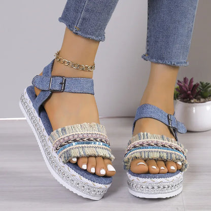 Kiara | Women’s Summer Denim Tassel Sandals
