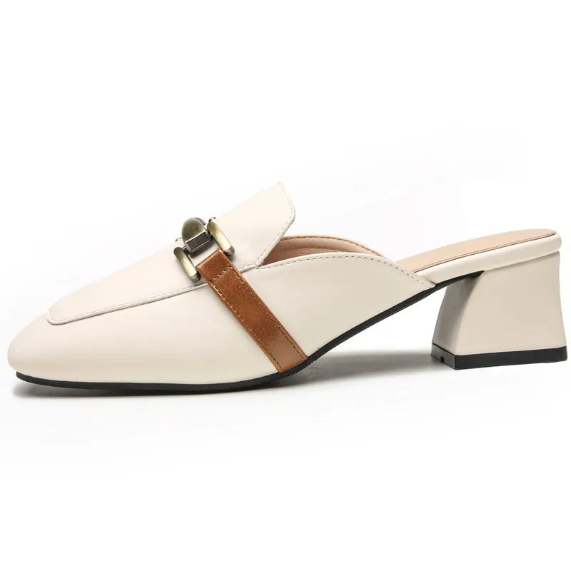 Aveline | Women’s Leather Slippers – Casual Square Toe Thick-Heel Sandals