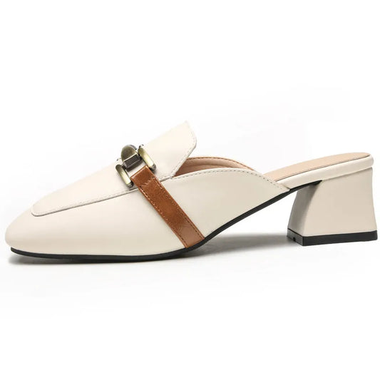 Aveline | Women’s Leather Slippers – Casual Square Toe Thick-Heel Sandals