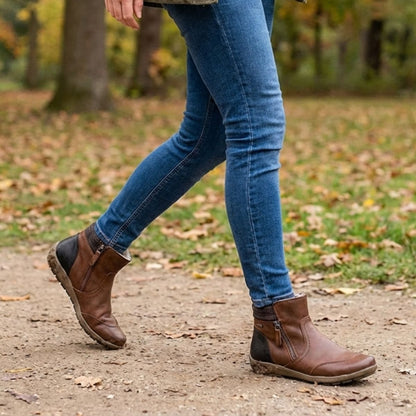 Ally | Women's Genuine Leather Ankle Boots with Plaid Cuff & Side Zipper