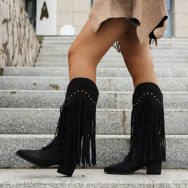 Bella | Women’s Fringe High Heel Boots with Studs