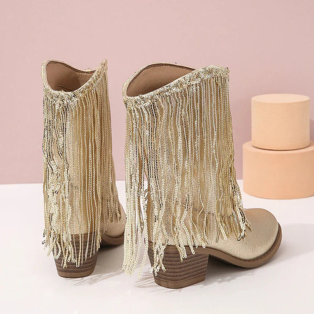 Claire | Women’s Fringe Metallic High Heel Boots