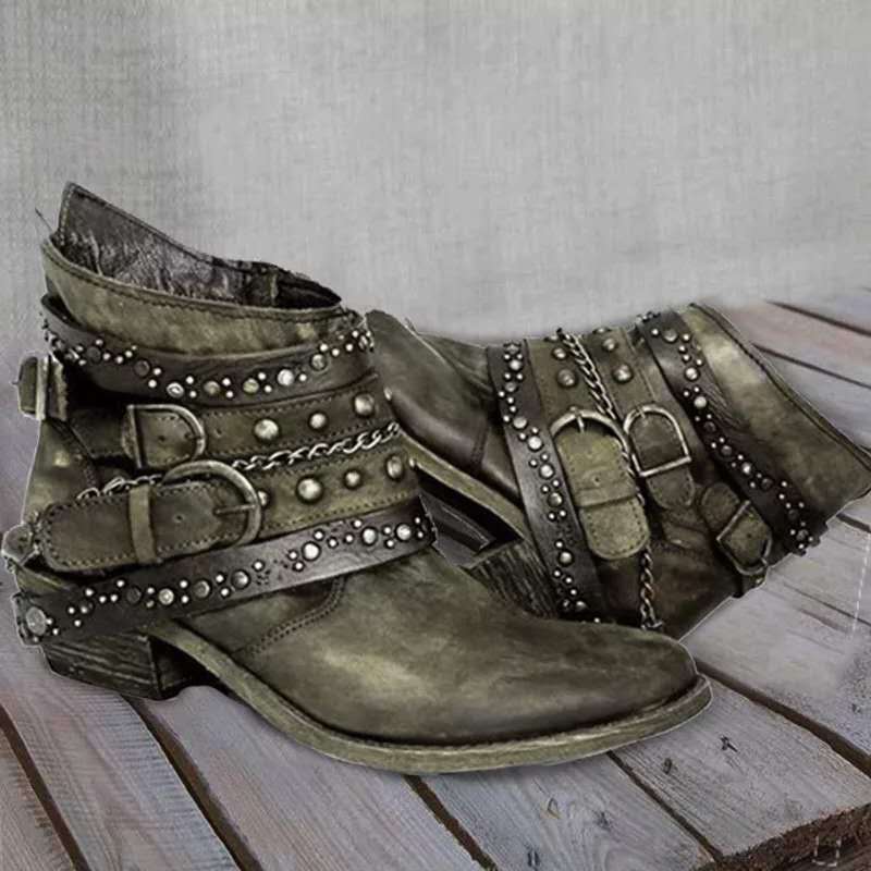 Women's Ankle Boots – Leather – Western Design – Buckles and Chain Details – Low Heel