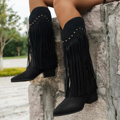 Bella | Women’s Fringe High Heel Boots with Studs
