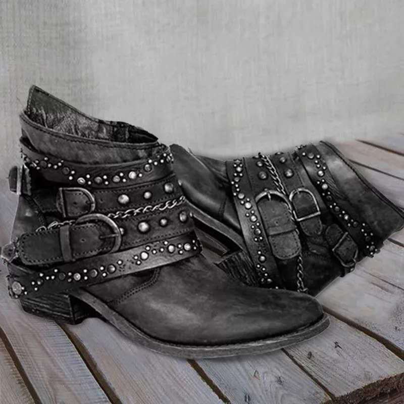 Women's Ankle Boots – Leather – Western Design – Buckles and Chain Details – Low Heel