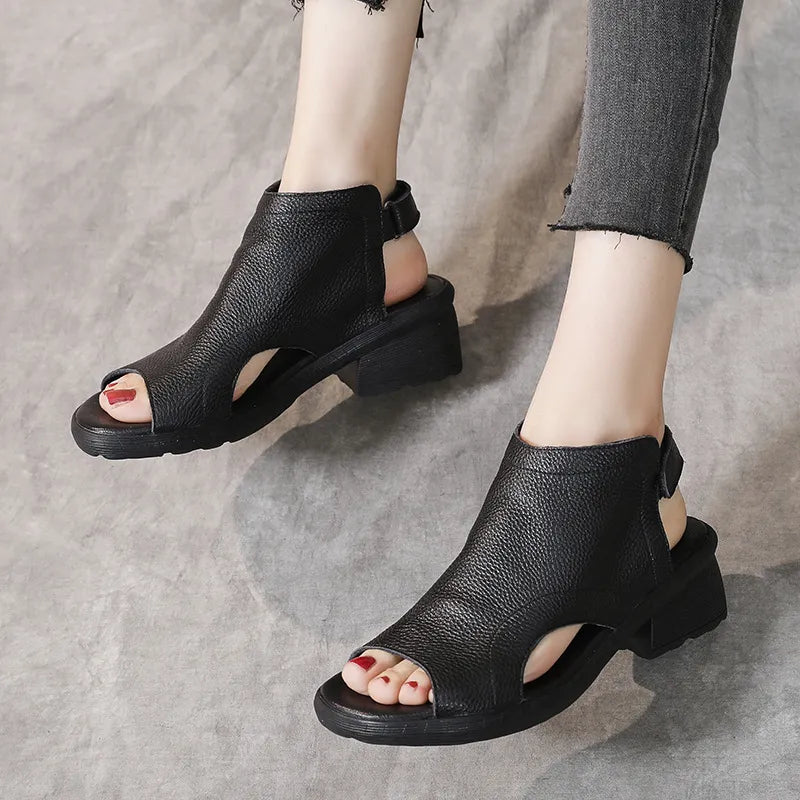 Liora | Women’s Retro Leather Mid-Heel Sandals