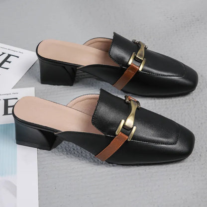 Aveline | Women’s Leather Slippers – Casual Square Toe Thick-Heel Sandals