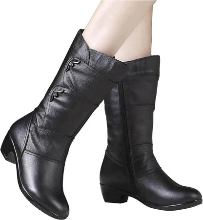 Women’s Mid-Calf Boots – Fitted Silhouette – Leather-Like Texture – Side Zip – Low Heel